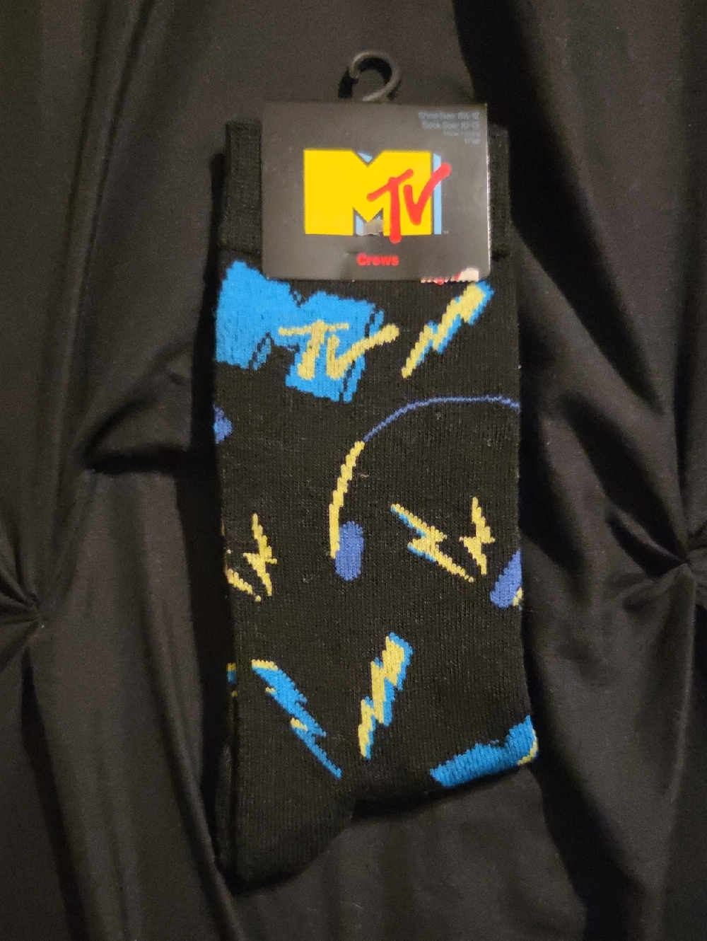 MTV Black Crew Socks with Blue & Yellow Lightning Motif